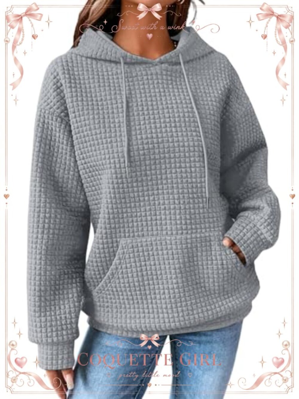 Waffle Knit Hooded Pullover Sweatshirt Drawstring Loose Fit Long Sleeve